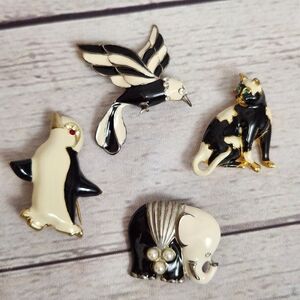 Black & Cream Enamel Animal Brooch Lot - Penguin, Hummingbird, Cat, Elephant